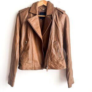 Cole Haan Camel Brown Beige Zipper Closure Lambskin Moto Jacket S